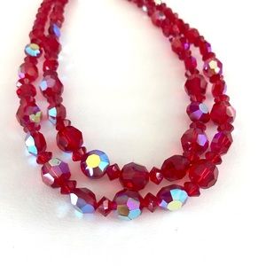 Vintage 15” Red Iridescent Aurora Borealis Faceted Crystal Bead Necklace